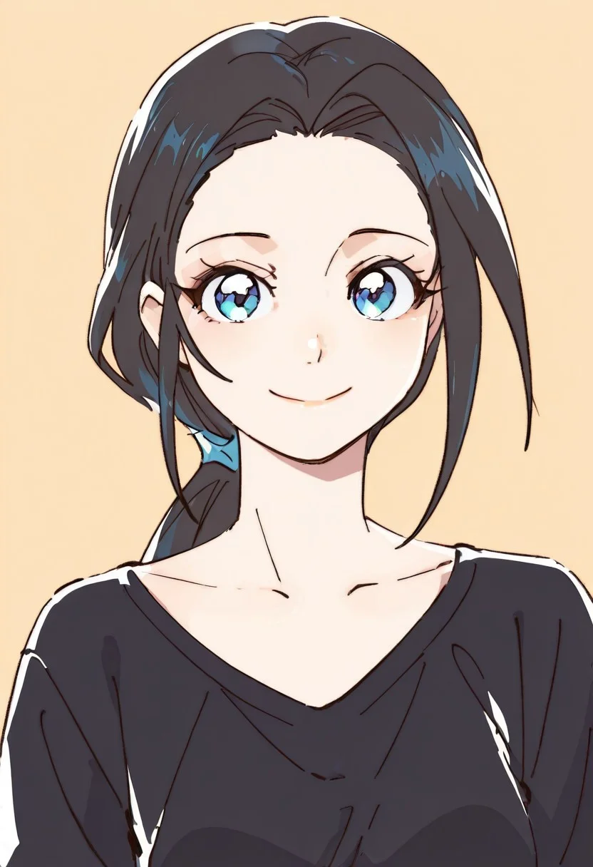 {{masterpiece,best quality,amazing quality,absurdres}},
BREAK
1girl, solo, upper body, simple background, portrait, looking at viewer, mila_jago, black hair, low ponytail, blue eyes, smile