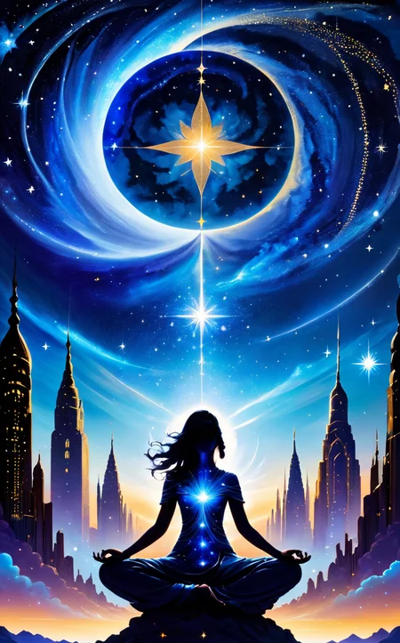 Meditation for the Guardians of the Universeðð§ââï¸, Star-Weaved Cityscapeðï¸â¨, Starlight Illumination & Silhouette Lightð ð¡, Stardust Silver & Deep Sky Blueð ð, calm and powerful ððª
, full body portrait, mixing people and cosmic elements ð¼ï¸ð¤