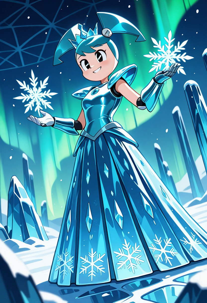 Jenny Wakeman, XJ-9, female, 1girl, solo, robot girl, red pigtails, crystalline ice armor dress, frost-plated gauntlets, diamond crown, snowflake-patterned skirt, freezing mist aura, glacial palace interior, giant ice pillars, aurora borealis through shattered ceiling, robotic snow foxes, elegant pose, Disney Frozen-inspired, intricate ice details, soft glow, fantasy realism, shimmering textures