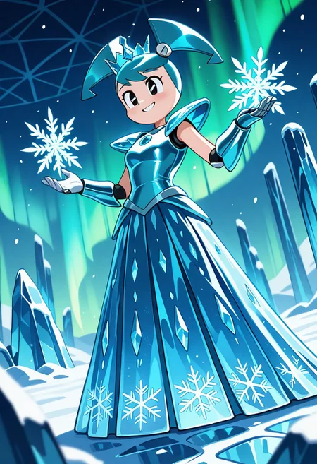 Jenny Wakeman, XJ-9, female, 1girl, solo, robot girl, red pigtails, crystalline ice armor dress, frost-plated gauntlets, diamond crown, snowflake-patterned skirt, freezing mist aura, glacial palace interior, giant ice pillars, aurora borealis through shattered ceiling, robotic snow foxes, elegant pose, Disney Frozen-inspired, intricate ice details, soft glow, fantasy realism, shimmering textures