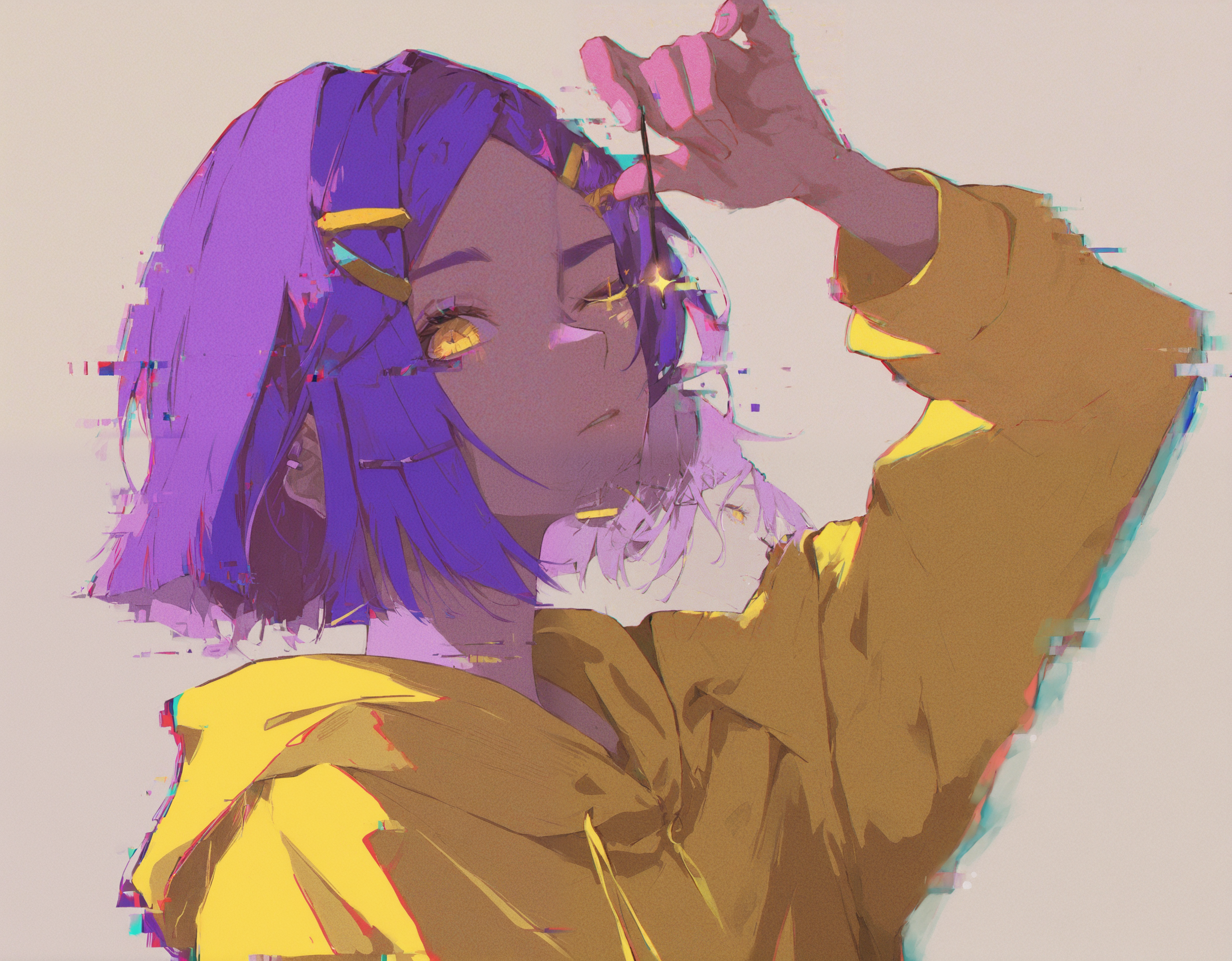 masterpiece, best quality, very aesthetic, absurdres, newest, <lora:69yottea_illu_v2:1.2>,69yotte4_illu,1girl, solo, yellow hoodie, hair ornament, yellow eyes, short hair, hood, hairclip, one eye closed, hoodie, holding, purple hair,glitch_art,monochrome, film grain