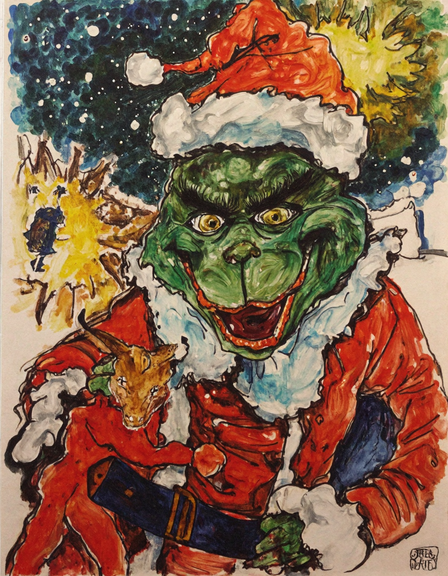 (egonschiele style painting) traditional media, the grinch that stole christmas, devilish grin