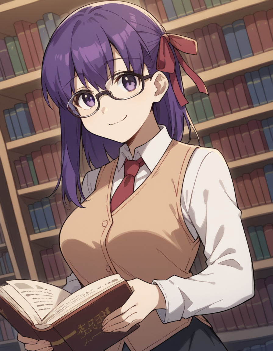 score_9, score_8_up, score_7_up, source_anime, <lora:carnivalphantasm-sakura-matou-ova-ponyxl-lora-nochekaiser:1>, sakura matou, long hair, purple eyes, purple hair, ribbon, hair ribbon, red ribbon, large breasts,, shirt, white shirt, collared shirt, long sleeves, neckertie, red neckertie, vest, light brown vest, skirt, black skirt,, library, reading books, glasses, quiet, focused, shelves of books, smile, looking at viewer, smug, solo,, dutch angle, cowboy shot
