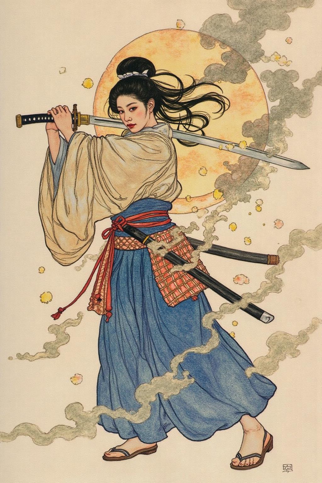 shippengreen1 illustration.
a female Japanese samurai warrior wielding a katana, blending form with reality. Glitching the surreal with blurred dreams on a white background. Woven light fuses delicatly with whispering shimmers creating a eyecatching and masterpiece artwork. drifting fog, cracked light and smokey haze in floating threads finishes the dreamlike reality. <lora:shippengreen1_cap_d6a3:1.0><lora:837330125478578102:0>