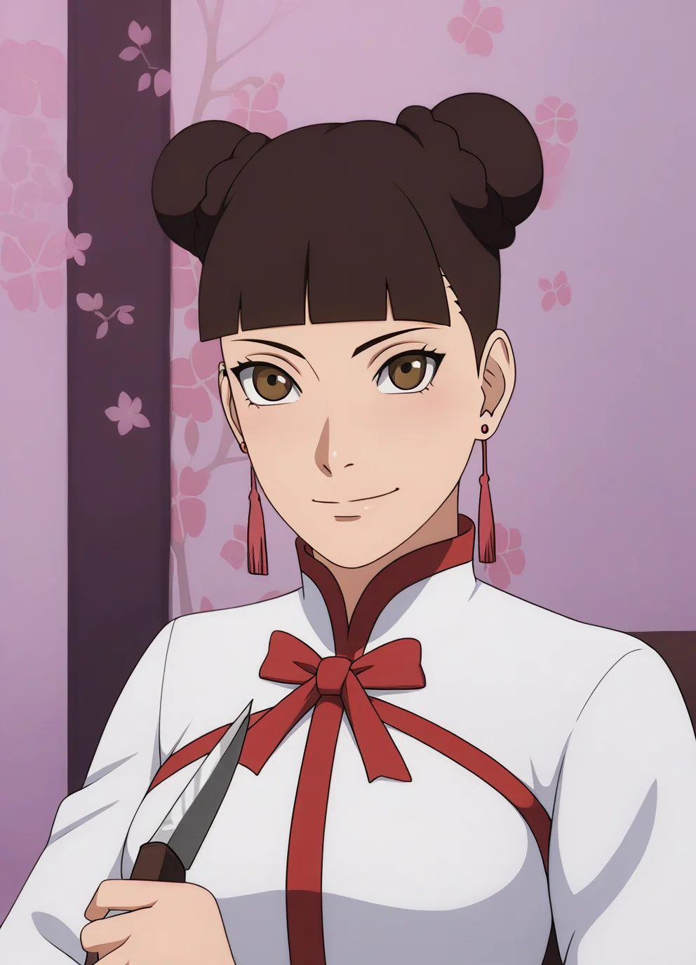score_9, score_8_up, score_7_up,1girl,tentenXL,brown hair,hair bun,detailed face, masterpiece,best quality, shiny , wearing a white dress,red earrings,holding a dagger, kunai <lora:tentenXL:1> looking at viewer,