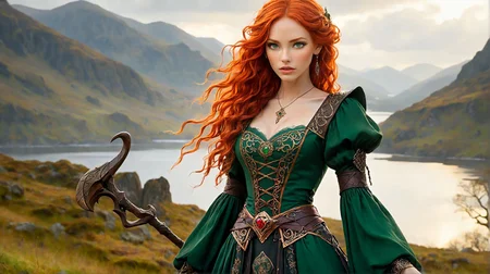 (style of Slawomir Maniak, Dark Fantasy, Detailed Figures, Dynamic Action, Bold Lighting, Gothic Atmospheres:1.3), outdoor Scottish highlands, vivid sunset hues, fantasy setting. A striking redhead woman, (distinctly Scottish), wearing an elaborate elven inspired gown is a fusion of deep emerald green and earthy browns, with intricate Celtic knotwork embroidery in gold thread, Flowing sleeves, a fitted bodice+, short skirt, fiery red hair is styled in a cascade of loose curls, green eye, stands atop a grassy knoll, overlooking a misty loch. In her hands, she holds an ancient, rune carved staff, emanating a soft, other worldly glow., Cindy_Pyrosa