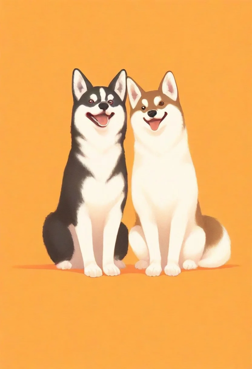 A cartoon-style concept art depicting a Siberian Husky and a Shiba Inu. The two dogs are sitting side by side, smiling at the viewer, against a simple warm orange background. The words "HAPPY DAYS" are written in artistic letters outlined in white at the bottom of the screen.
BREAK
masterpiece, best quality, good quality, very awa, very aesthetic, absurdres, newest, (Perfect details),(****),