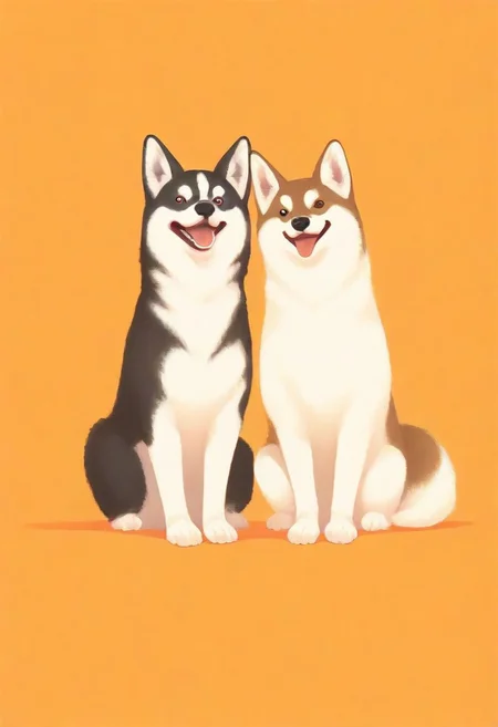 A cartoon-style concept art depicting a Siberian Husky and a Shiba Inu. The two dogs are sitting side by side, smiling at the viewer, against a simple warm orange background. The words "HAPPY DAYS" are written in artistic letters outlined in white at the bottom of the screen.
BREAK 
masterpiece, best quality, good quality, very awa, very aesthetic, absurdres, newest, (Perfect details),(****),