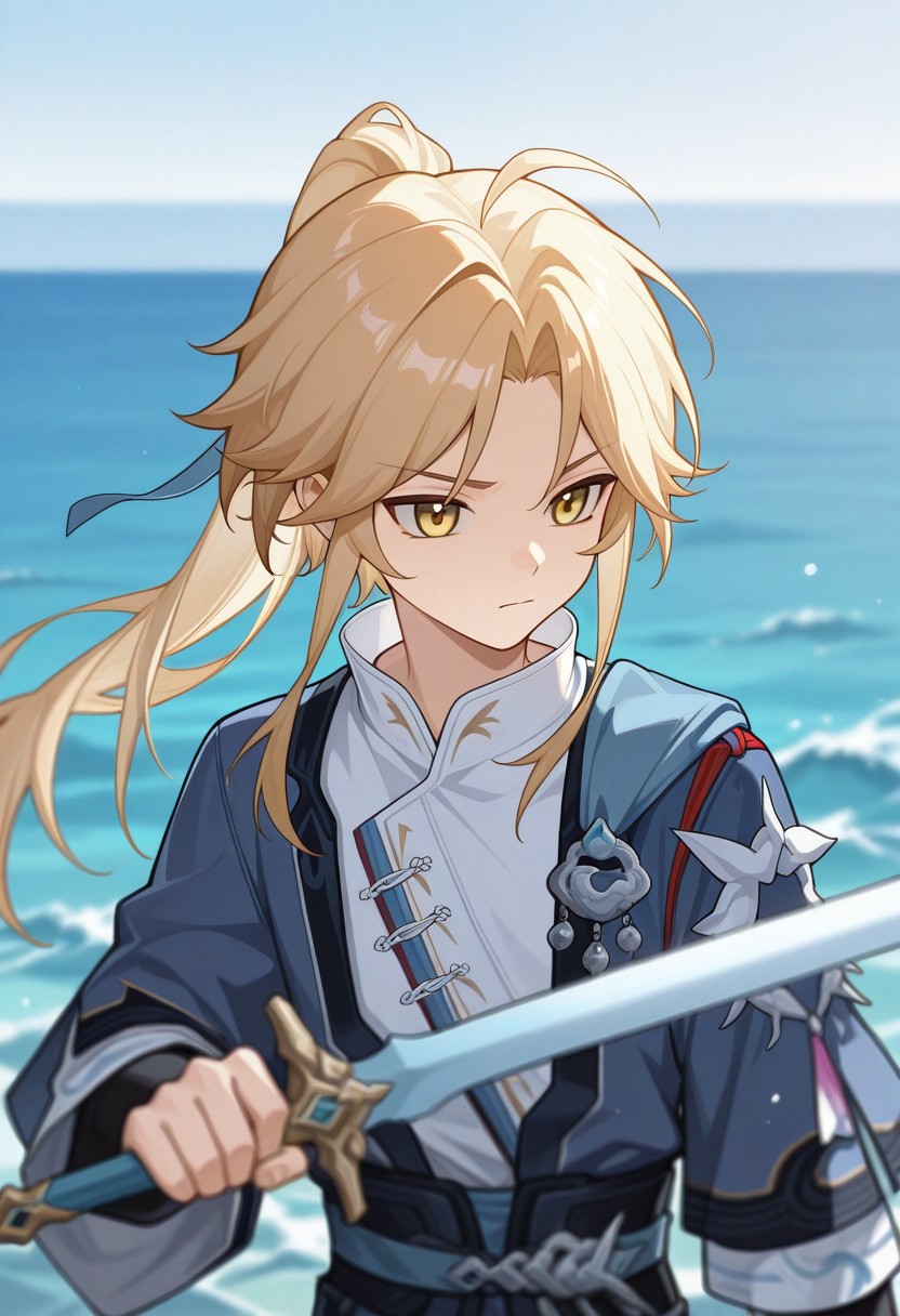 masterpiece,best quality,amazing quality, source_anime, 
Yanqihonk, weapon, sword, 1boy, male focus, holding, solo, holding weapon, holding sword, yellow eyes, ocean, outdoors, closed mouth, upper body, blurry, blonde hair, long hair, ponytail, chinese clothes, shirt, white shirt, kimono, blue kimono,