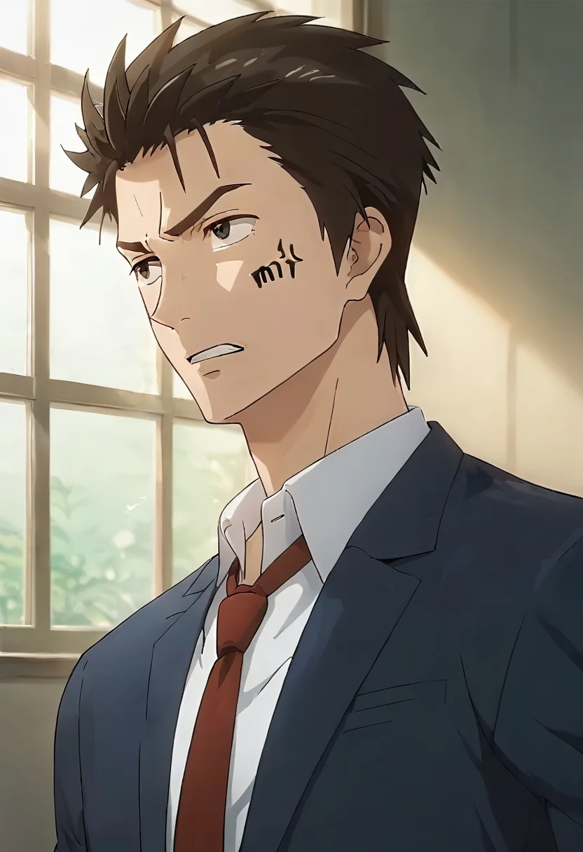 (score 9, score 8 up, score 7 up), ((source anime, best quality, best aesthetic, perfect anatomy)), 1boy, male focus, handsome detailed face, black eyes, blazer, collared shirt, slim body, skinny, necktie, solo, ((Angry, Writing, Morning sunlight, simple_background, upper body, side view up)), <lora:Shinich:1>, shinichi, <lora:Smooth Anime 2 Style SDXL_LoRA_Pony Diffusion V6 XL:1>, <lora:aesthetic_anime_v1s:1>