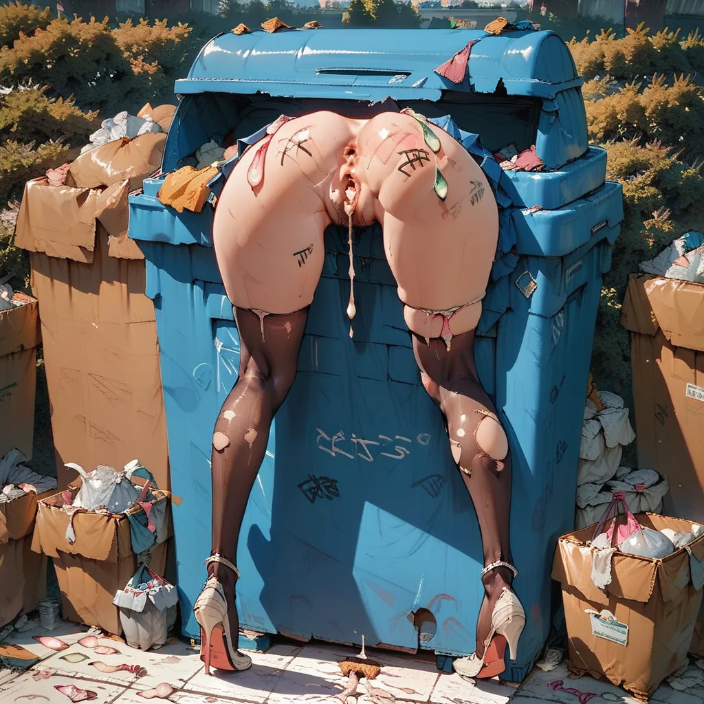 Score_9, score_8_up, score_7_up, tr4sh-can-s3x, trash can, in container, stuck, lower body, ass, anus, pussy, public use, 1girl, condom, ass, anus, used condom, torn thighhighs, solo, pussy, thighhighs, torn clothes, cum, high heels, outdoors, box, after sex, black thighhighs, trash can, skirt, stuck, from behind, after vaginal, tally, brown thighhighs, cumdrip, multiple condoms, pubic hair, pleated skirt, cum in pussy, trash bag