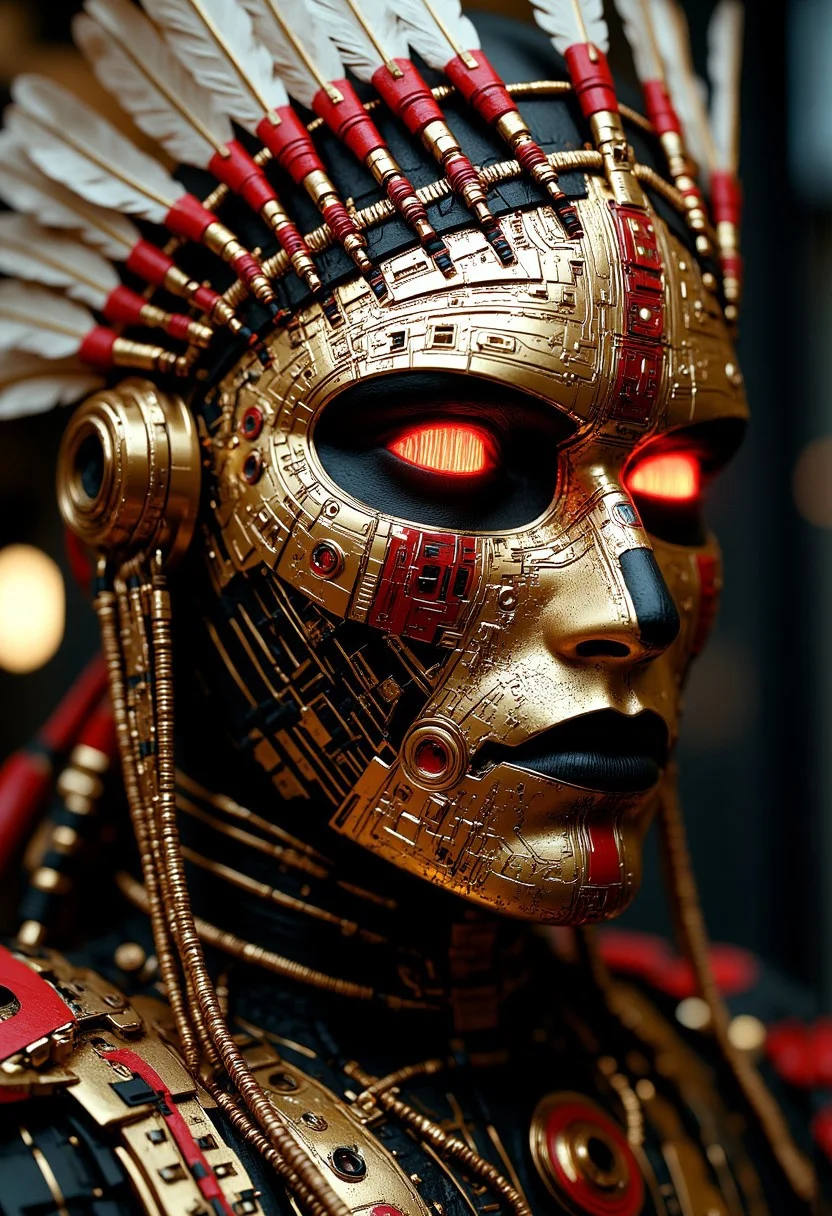 mythp0rt, A beautiful cybernetic Native American woman's face, depicted in a stylized, hyper-realistic manner. Her face is a blend of organic and mechanical elements, with a striking contrast between her skin, which is a mix of metallic gold and red circuitry patterns, and her glowing red eyes, which are the only organic part of her face. The eyes are piercing, with an intense, almost otherworldly glow, suggesting advanced cybernetic enhancements. She is wearing a feathered mechanical headdress.
