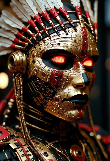 mythp0rt, A beautiful cybernetic Native American woman's face, depicted in a stylized, hyper-realistic manner. Her face is a blend of organic and mechanical elements, with a striking contrast between her skin, which is a mix of metallic gold and red circuitry patterns, and her glowing red eyes, which are the only organic part of her face. The eyes are piercing, with an intense, almost otherworldly glow, suggesting advanced cybernetic enhancements. She is wearing a feathered mechanical headdress.