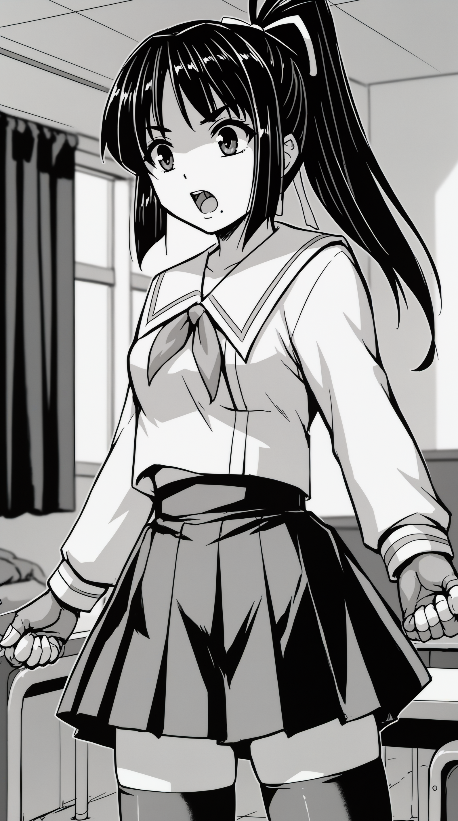 score_9, score_8_up, score_7_up, best background, detailed background, 4k, upscale, anime_source, monochrome, greyscale,  Kamishiro Sakura, open mouth, skirt, gloves, thighhighs, school uniform, pleated skirt, serafuku, fingerless gloves, indoors, indoors,  <lora:JN_Kamishiro_Sakura_Pony:0.8>