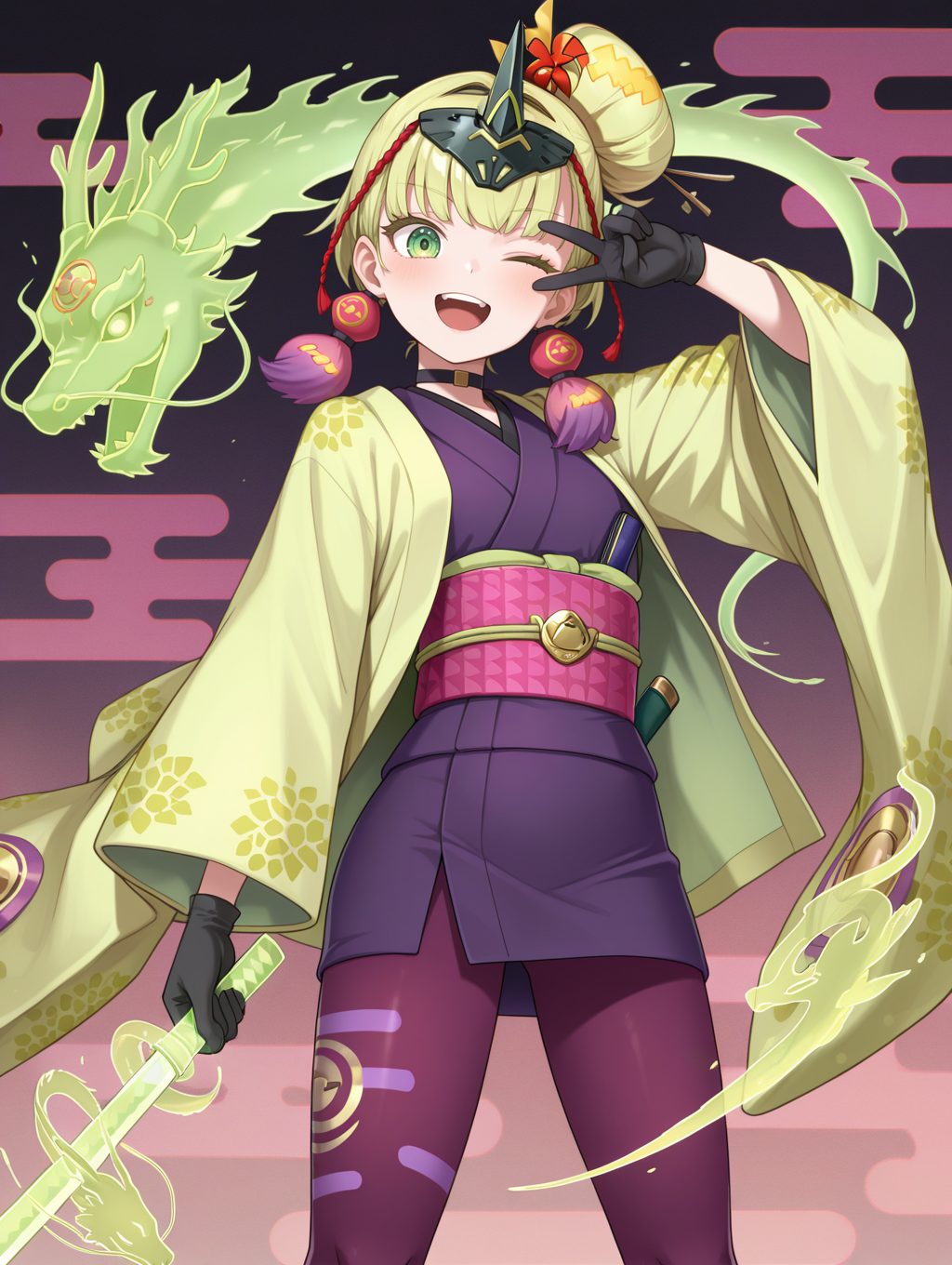 no-p.u.n.k. deer note,1girl,solo,looking at viewer,smile,holding green hologram katana,green hologram katana,green hologram east dragon,single hair bun,closed mouth,pink see-through long skirt,red hair ornament,purple tassel earrings,black gloves,black choker,black horn headpiece,green haori,purple sleeveless kimono,pink sash,purple thighhighs,egasumi,one eye closed,standing,teeth,reverse grip,open mouth,v over eye,
masterpiece,best quality,amazing quality,very aesthetic,absurdres,newest,<lora:No-P.U.N.K. Deer Note illusXL v1:0.75>,