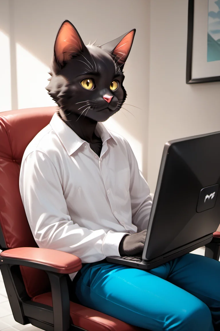 score_9, score_8_up, score_7_up, source_furry, source_cartoon BREAK 1boy, solo, anthro, furry male, k3k, domestic cat, black fur, monotone fur, yellow eyes, pink nose, whiskers, tail, white shirt, blue pants, sitting, on chair, at computer, computer, monitor, computer mouse