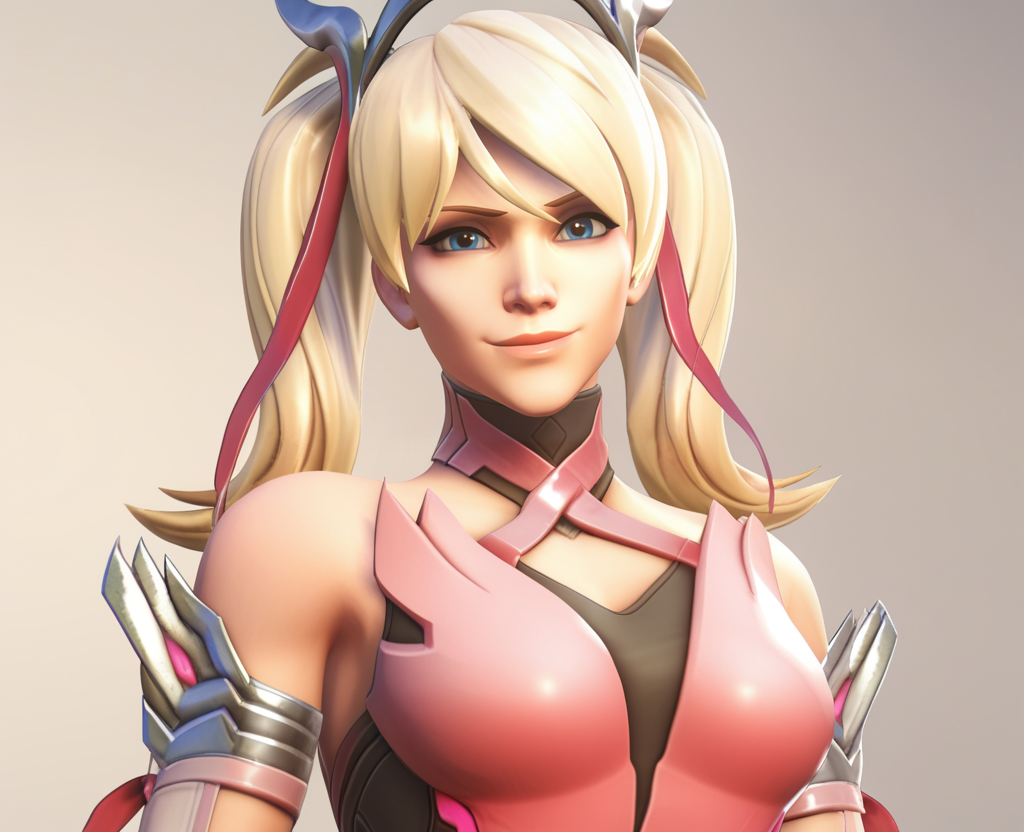 score_9, score_8_up, score_7_up, score_6_up, score_5_up, score_4_up, 3d, <lora:Pink_Mercy_3.0-000008:0.8> , pkmercy, 1girl, breasts, blue eyes, blonde hair, fingerless gloves, hair ribbon, bare shoulders, twintails, mechanical halo,  pink dress, pelvic curtain, portrait, looking at viewer, light smile, closed mouth,