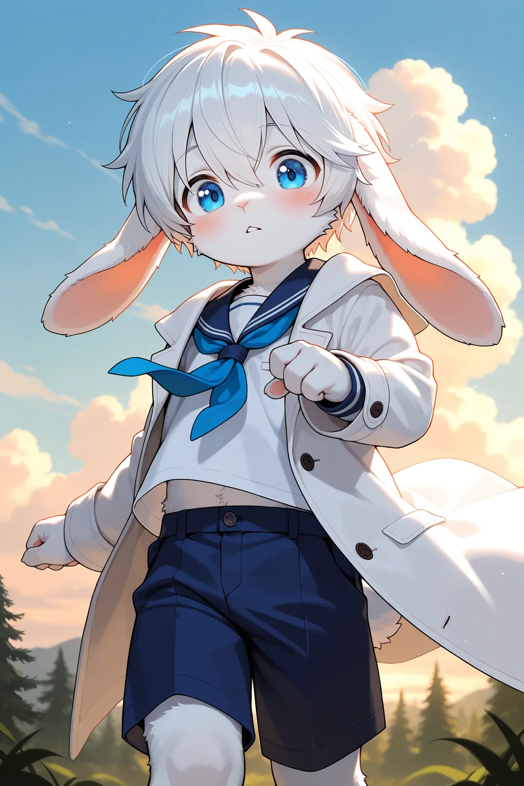 1boy,fur between eyes,white fur,lop rabbit ears,rabbit boy,blue eyes,furry male,blush,serafuku,white coat,blue shorts,paw,looking at viewer,dynamic pose,cloudy sky,nature,cinematic lighting,aged down,solo,male focus,IllusP0s,pastel colors,<lora:aidmaFLuxPro1.1_v0.3_IL:0.15>,<lora:noobaiXLNAIXL_epsilonPred11Version-lora:0.12>,<lora:best_of_ai_styles_noob-vpred-1.0_v1.337-edm2-pass-long:0.2>,
