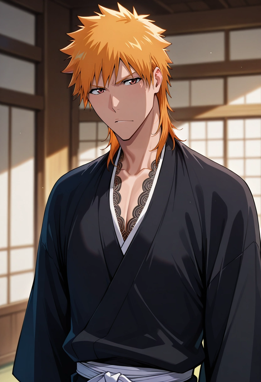 masterpiece, best quality, intricate details, , looking at viewer, depth of field, 1boy, solo, male focus, <lora:ichigo_kurosaki_ilxl:1>, ichigo_kurosaki, 1boy, orange hair, brown eyes, medium hair, , japanese clothes, , , ,