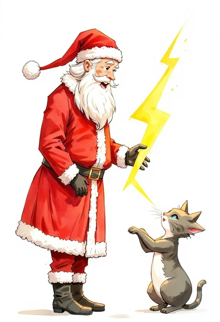Watercolor painting of santa claus giving a yellow lightning bolt symbol to a small kitty