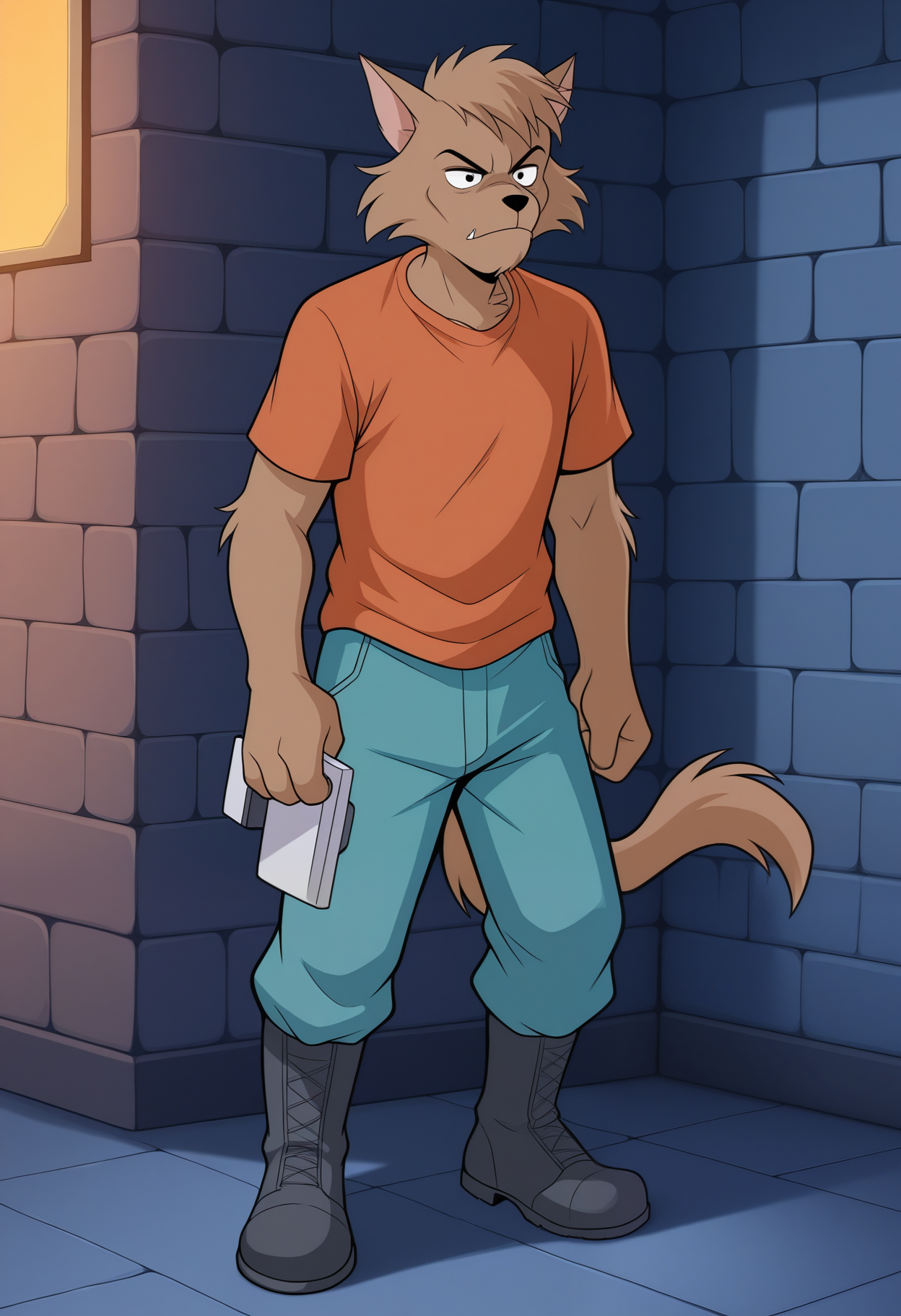 masterpiece,best quality,amazing quality, h4rd dr1v3, furry, black eyes, brown fur, orange shirt, blue pants, boots, t-shirt, full body,