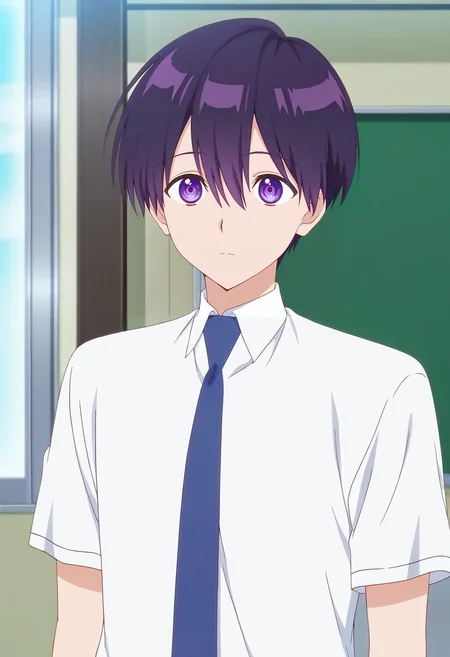 masterpiece, best quality, , anime screencap, , official style,, 1boy, solo, male focus, <lora:yuuki_izumi_ilxl:0.92>, yuuki_izumi, purple hair, purple eyes, short hair, bangs, hair between eyes, white shirt, collared shirt, blue necktie, school uniform,