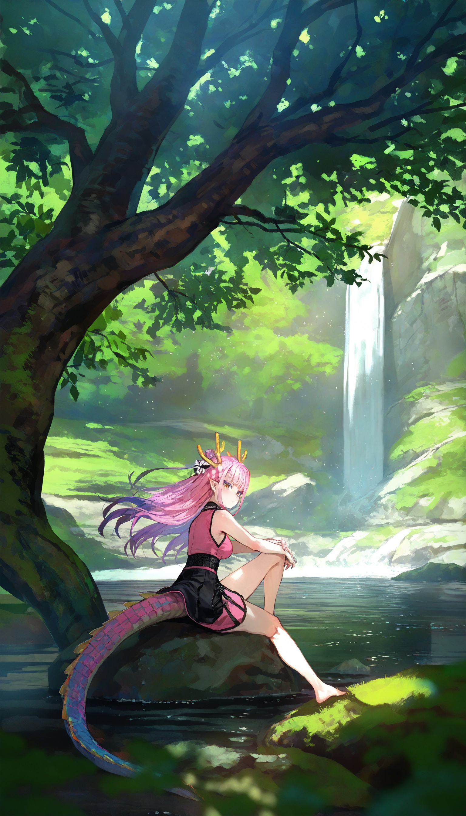 by happoubi jin, by fuzichoco, by lam, by kinta \(distortion\), by lack, by quasarcake,
dragon girl, 1girl, eastern dragon horns, eastern dragon tail, dragon tail, solo, outdoors, scenery, dragon horns, water, tree, wide shot, from behind, river, nature, standing, sunlight, rock, day, waterfall, chinese clothes, looking back, looking at viewer, colored eyelashes, jirai kei, bare shoulders, floating hair, hip vent, barefoot, sitting, leg up,  
dappled light, tree shade,
masterpeice, best quality, very aesthetic, absurdres
<lora:illustrious_noobai_epsilon_pred_11_very_aesthetic_v1:1>