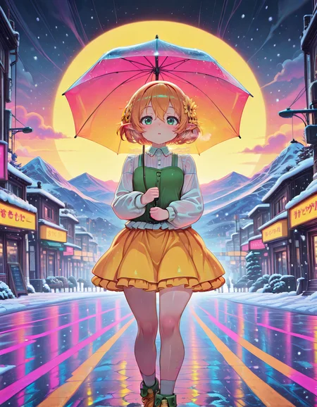 Smooth Quality <lora:michelle_IL:1> michelle, short hair, blonde hair, orange hair, hair flower, pointy ears, elf, green eyes, hair between eyes, yellow flower, aged down, small breasts, white shirt, long sleeves, frills, green vest, yellow skirt, socks, green footwear, yellow footwear, 1girl, blush, breath, cold, crescent_moon, crosswalk, crosswalk_sign, evening, gradient_sky, moon, mountain, mountainous_horizon, open_mouth, outdoors, road_sign, sign, sky, snow, snowflakes, snowing, solo, sunset, twilight, winter, rain-soaked_streets, transparent_umbrella, clinging_wet_clothes, city_lights_reflecting, melancholic_atmosphere, longing_stare, (lack:1.3),, <lora:PinkieNeonAnimeIL:1> pinkneonanime, detailed eyes, detailed face, detailed skin <lora:DetailedEyes_V3:1> <lora:cfg_scale_boost:0.7> <lora:lightingSlider:1> golden hour (volumetric lighting:1.4), <lora:SkindentationIL3.4_alpha16.0_rank32_full_400steps:4>