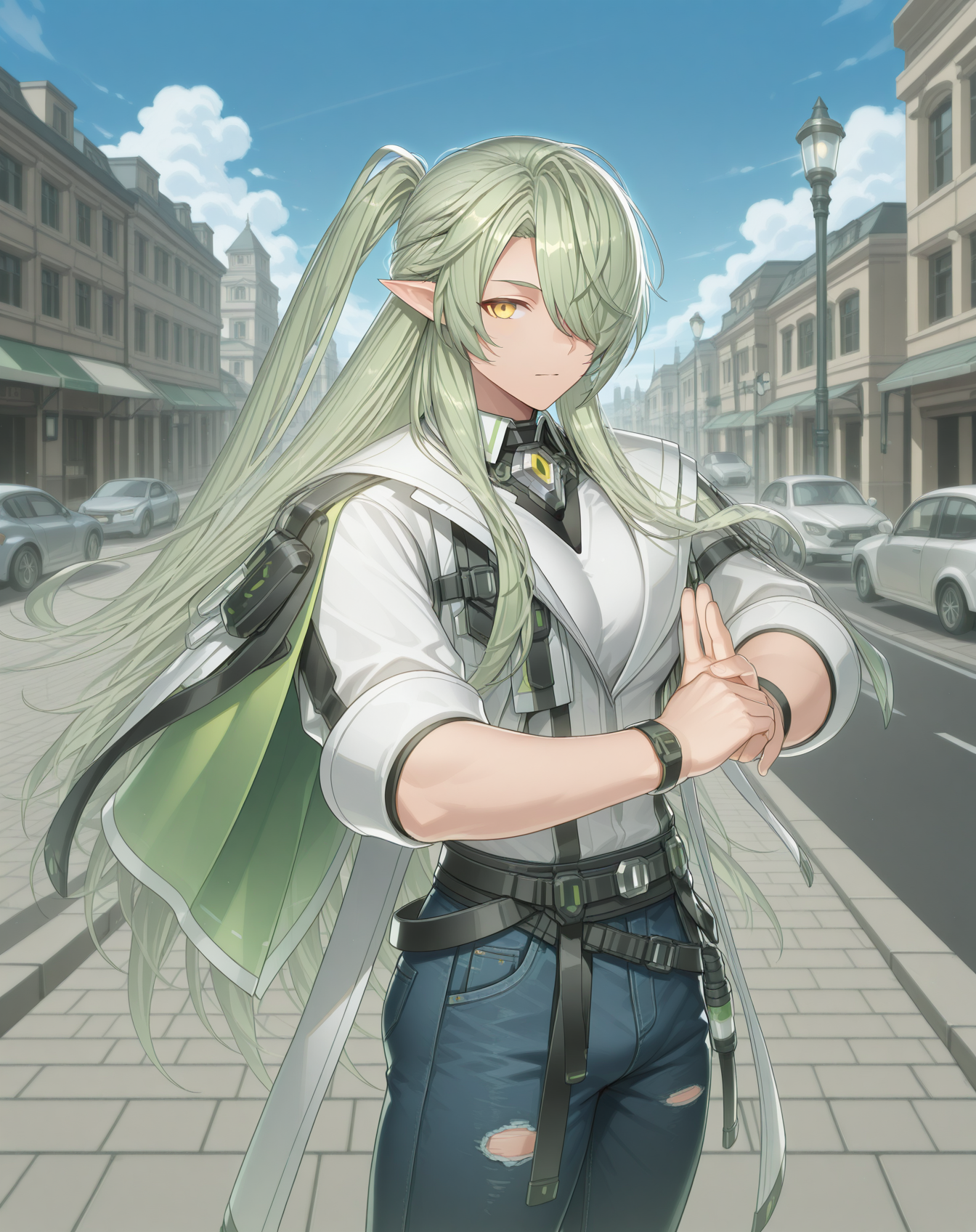 masterpiece,best quality,amazing quality, newest, very aesthetic, absurdres,
1boy, solo, yaoi, male focus, looking at viewer, cowboy shot, standing,
 <lora:Zero_T_FSI_ilxl:1>  zerotfsi, hair over one eye, green hair, pointy ears,yellow eyes, ponytail, half updo, elf, hair between eyes,sidelocks, one eye covered,
white shirt, jeans, sneakers,
outdoors, day, blue sky, building, street, road, lamppost, car,