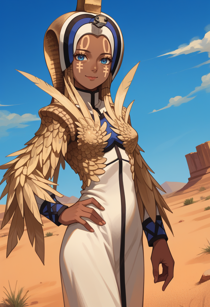 score_9, score_8_up, score_7_up, source_anime BREAK 1girl, solo, cowboy shot, desert, blue sky, smile, closed mouth, looking at viewer, dutch angle
<lora:zs_IsisXL:1> isissmt, blue eyes, dark skin, feathers, head dress, dress, facial mark, hand on hip