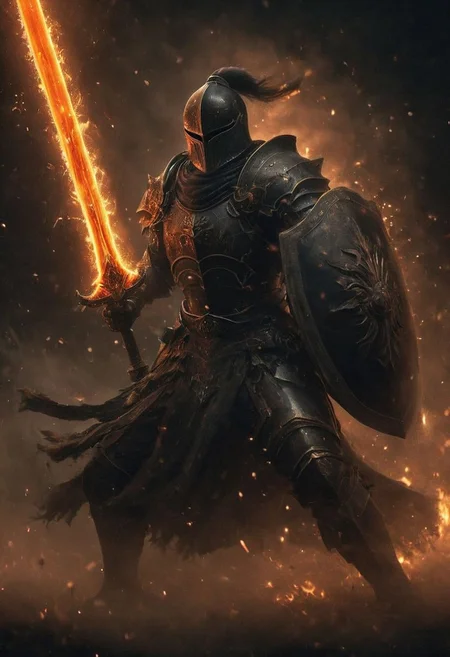 Inspiring Ethereal Masterpiece: A Hyper-Realistic Portrait with Ultra Detailed Anatomy. Witness the Majestic guts from Berserk in a High Kick Stance with translucent orange Sword and shield, Evoking Kentaro Miura's Style. black Warrior helmet, Blood, dust, punching through smoke, light beams, Experience the Hyper-Detailed knightess in Action, Captured in UHD Quality. From a Sideview in nightly neo-Tokyo infront translucent shining blooms, the Scene Offers Cinematic Atmosphere with Deep Blacks and Atmospheric Haze. Shot in Cinemascope, this Candid Camera Moment Delivers Moody Epicness with Imperfections Intact. Explore the Deep Dark Depth Effect and Shallow Depth of Field for an Atmospheric Lighting Experience.