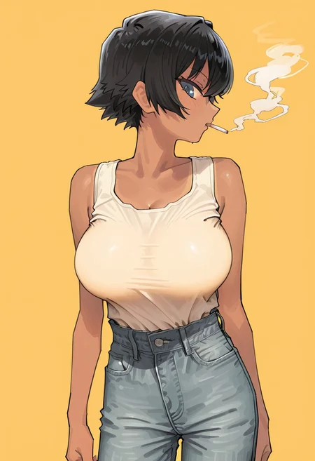 score_9, score_8_up, score_7_up, score_6_up, source_anime, BREAK, 1girl, solo, (( <lora:kaedeko_style:1> , kaedeko_style, sasaki_hotaru, piercing blue eyes, clear eyes, bright pupils, beautiful eyes, beautiful black hair, beautiful short bob haircut, bangs, huge and shaggy breasts, thin waist, wide hips, busty woman, beautiful lightly tanned skin, natural beauty, extraordinary beautiful woman, attractive woman, super sexy woman, lustful body, sexy woman with seductive obscene body, sensual body, voluptuous body, sexy beauty, )) , earring, masterpiece, best quality, highly detailed, ultra-realistic, female focus, dark grey top, denim trousers, female focus, makeup, solo, 1girl, female focus, profile, sideways glance, cigarette, smoking, smoke, detailed background, yellow background