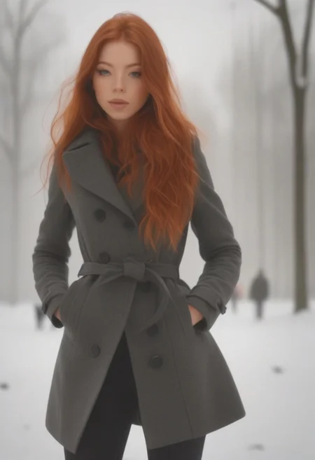 em5588, best illustration, illustration, masterpiece, best quality, ultra-detailed, photo of beautiful woman ,seductive, red hair. coat  ,in the park, spring, snow  ,  masterpiece) (best quality) (detailed) (8k) (HDR) (wallpaper) (cinematic lighting) (sharp focus) (intricate)