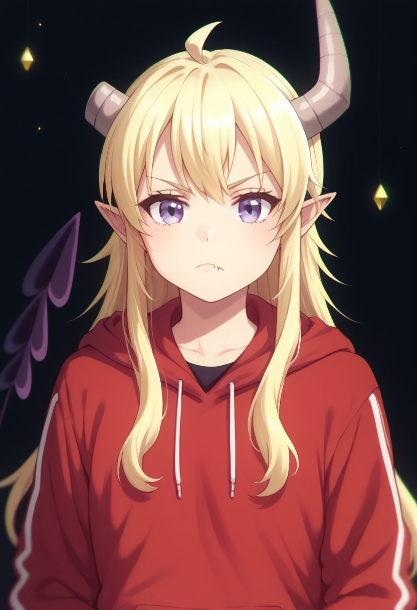 score_9, score_8_up, score_7_up, source_anime, highly detailed, 
lilith, 1girl, horns, tail, solo, demon tail, demon horns, long hair, demon girl, purple eyes, ahoge, fang, pointy ears, blonde hair, hoodie, red hoodie, hood, track pants, bored, frown, upper body,
black background, stars,