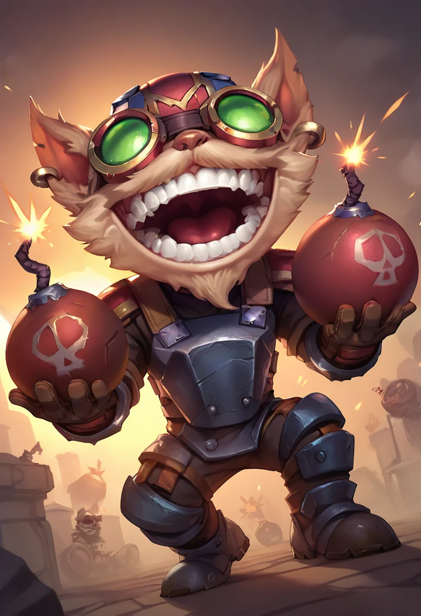 ,score_9, score_8_up, score_7_up, score_6_up,z1ggs, 1boy, male focus, yordle, teeth, grin, open mouth, explosive, holding bomb, bomb, grenade ,armor, goggles, helmet, gloves, brown gloves, <lora:Ziggs_Default_v1:0.9>