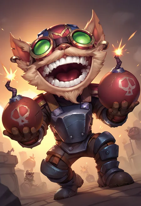 ,score_9, score_8_up, score_7_up, score_6_up,z1ggs, 1boy, male focus, yordle, teeth, grin, open mouth, explosive, holding bomb, bomb, grenade ,armor, goggles, helmet, gloves, brown gloves, <lora:Ziggs_Default_v1:0.9>