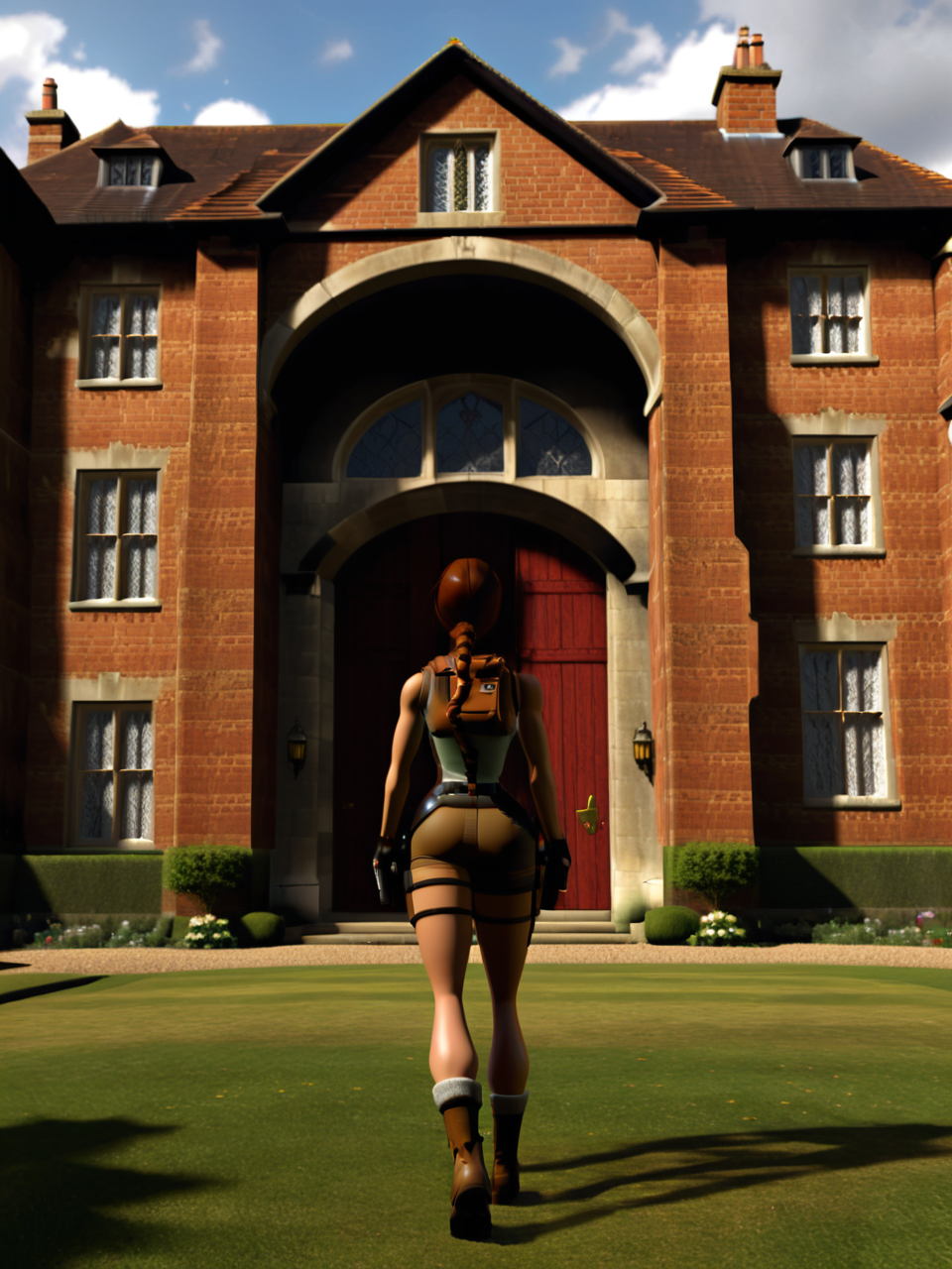 <lora:TR3D:1>, TR3D, 3D render of Lara Croft at her manor in England, mansion, red brick walls, fountain, grass, trees, facing away, back turned, high resolution, subsurface scattering, raytracing