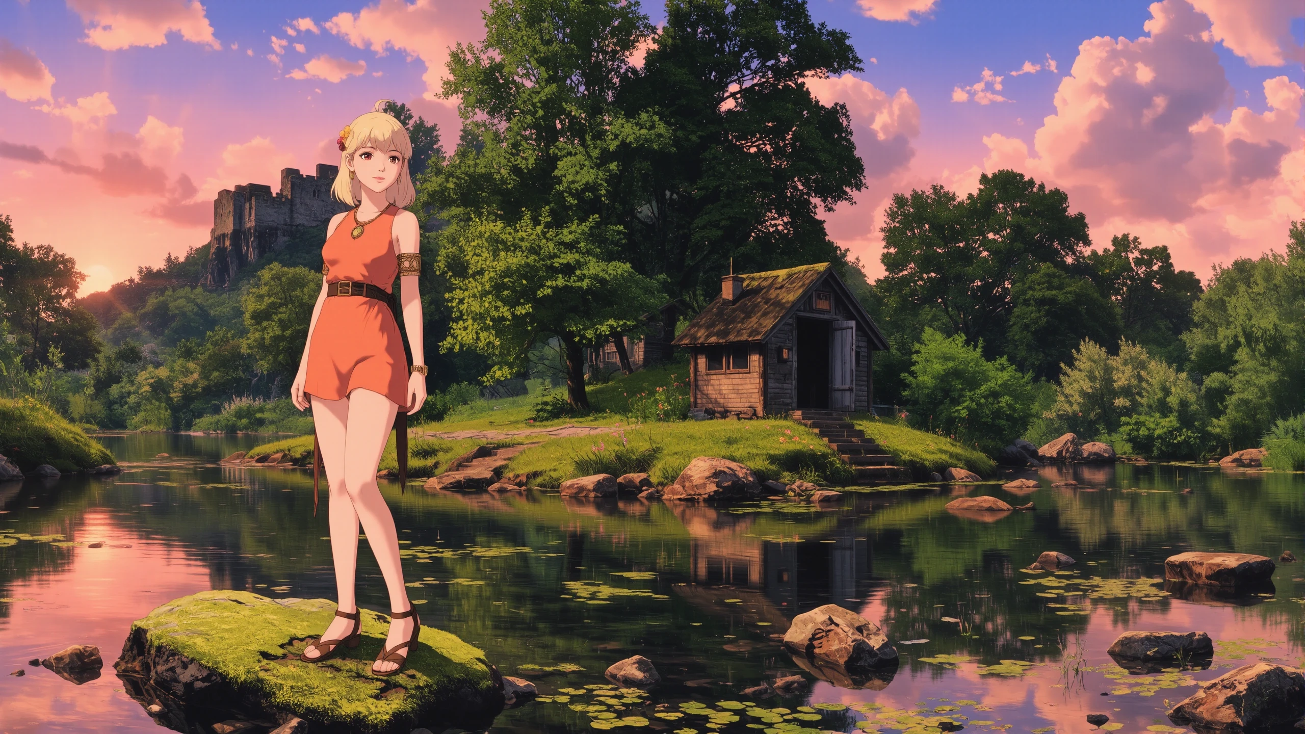 Bermudian sleek hair dirty blonde hair (young woman), (druid:1.2), anime, illustration, (extremely detailed), (portrait), (standing:1.2), (happy smile), flower in hair, glossy lipstick, celtic necklace, spiral earrings, loincloth, (sandals),  Pastel Orange (druid short dress), (legs), heels, (sharp focus),  fantasy, (beautiful celtic landscape:0.9), (small rock:0.9), (moss:0.4), (ripples, reflections:0.8), celtic  castle, (small river small pond:0.5), druid forest, (druid village:1.2), (stunning nature environment:0.8), (enchanted land:0.5), clovers, (Fluorescent Green flowers:0.9), leaves,bright (sunny sky), (sunset:0.3), best quality, colorful, wet floor, raytracing, hdr, high contrast, ethereal natural lights, backlight, (lens flare:0.4), shadows, (vibrant colors, colorful):0.6, pretty, beautiful, happy, smiling, feminine, sexy, lovely, in love, adorable, fashion,  <lora:Hand v2:1> <lora:Anti-Blur:1> <lora:RetroAnimeFluxV1:0.4> <lora:Luminous_Shadowscape:0.4>  <lora:SujatmikoArafuru_Flux:0.2> Suzume style