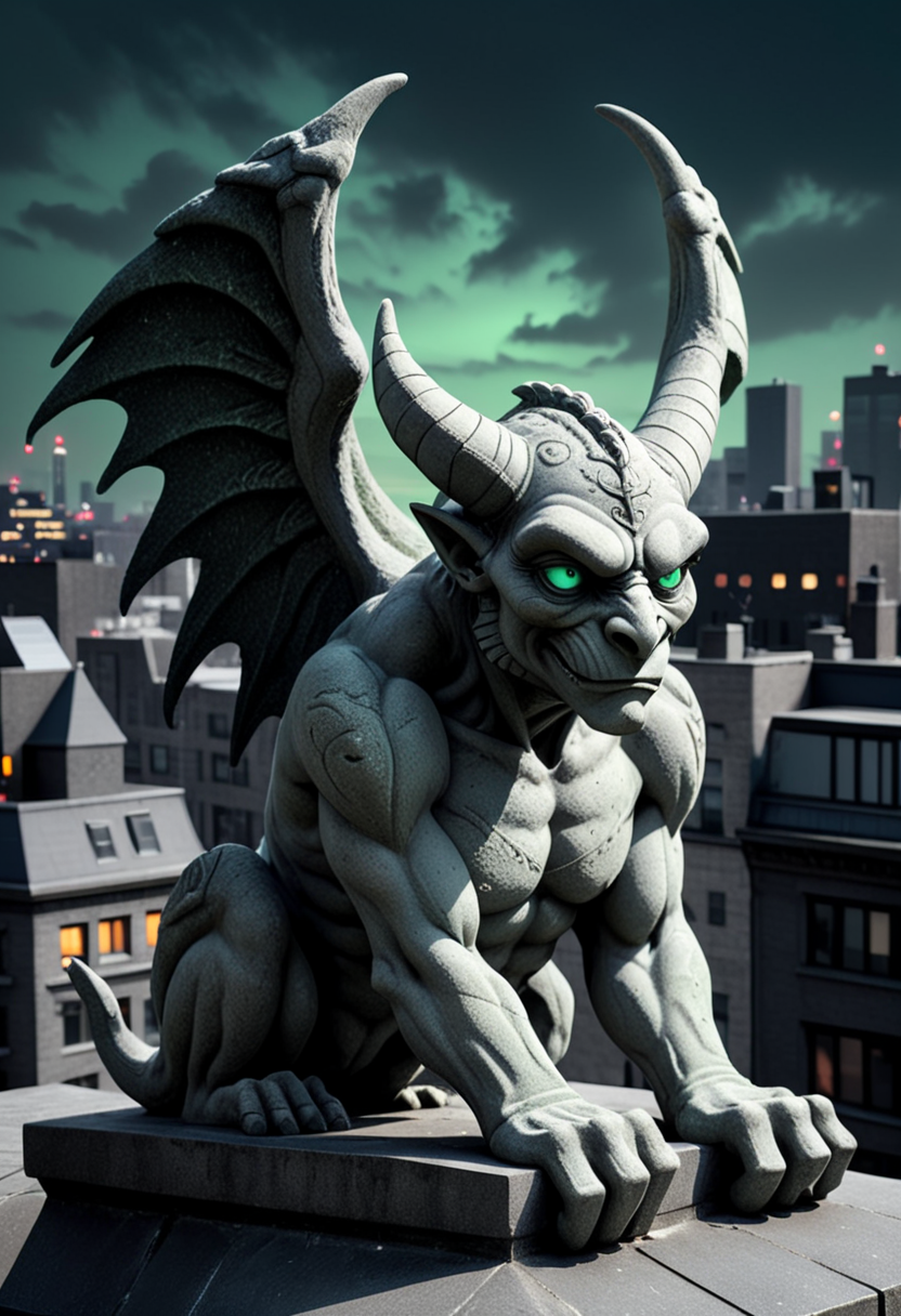 (medium full shot) of (grim granite grey moss-covered stone gargoyle) with perched body, majestic wings, mint green eyes, curved horns, runic engravings, set in  a dark city rooftop, featuring shadowy corners, flickering neon lights, a sense of mystery , ,Masterpiece,best quality, raw photo, realistic, very aesthetic