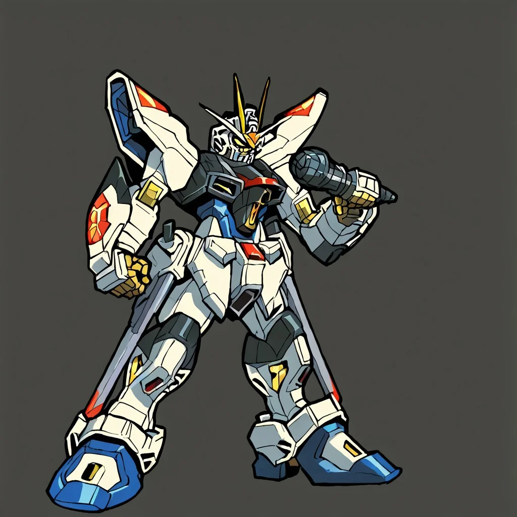 solo, holding microphone, standing, full body, source_cartoon, score_9, score_8_up, score_7_up, GUNDAMSTRIKEFREEDOM,MECHA,ROBOT,SOLO,V-FIN,MOBILE SUIT,yellow EYES,(NO HUMANs:1.1), simple background