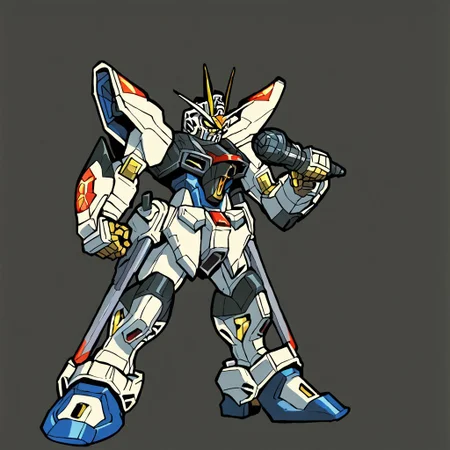 solo, holding microphone, standing, full body, source_cartoon, score_9, score_8_up, score_7_up, GUNDAMSTRIKEFREEDOM,MECHA,ROBOT,SOLO,V-FIN,MOBILE SUIT,yellow EYES,(NO HUMANs:1.1), simple background