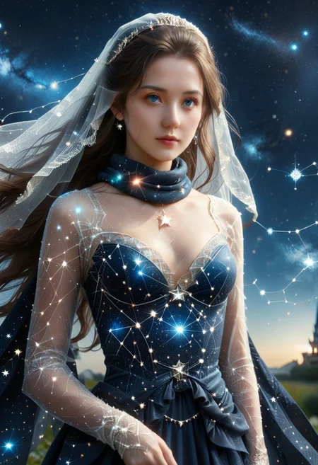 elegant lady made out of star constellations, scarf, veil, fancy clothing, starry_morph