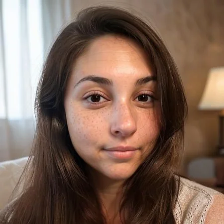 <lora:k_lora:.7 > A highly detailed, photorealistic close-up portrait of a woman with neutral expression, looking directly at the camera. She has smooth, fair skin with soft natural texture, light freckles across her cheeks and nose, deep brown almond-shaped eyes with long natural lashes, and subtly arched, dark eyebrows. Her lips are full with a natural pink tone, gently closed, and slightly relaxed. She wears a small silver hoop nose ring in her left nostril. Her medium-length dark brown hair is parted to the side, framing her face, with soft waves and a subtle auburn tint under indoor lighting. Her left hand rests on her cheek, showing a wedding ring with a large central stone and detailed silver band. Captured indoors under diffused soft light, with shallow depth of field and warm tones. Natural lighting, DSLR portrait style, 85mm lens, f/1.8 aperture, high-resolution, realistic facial proportions, no makeup, clean and unfiltered look, soft shadows and smooth bokeh in the background.