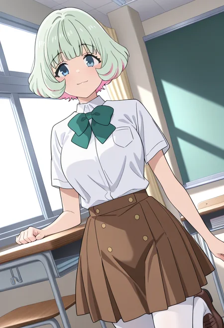 masterpiece,best quality,absurdres,perfect lighting,classroom,
*//*,<lora:HealerGirl_HibikiMorishima-Illustrious:1>,hibiki_morishima,1girl,solo,green hair,short hair,colored inner hair,pink hair,blue eyes,bangs,school uniform,white shirt,short sleeves,bowtie,green bow,brown skirt,pleated skirt,white pantyhose,shoes,brown footwear,loafers,
*//*,looking at viewer,cowboy shot,dutch angle,dynamic pose,light smile,