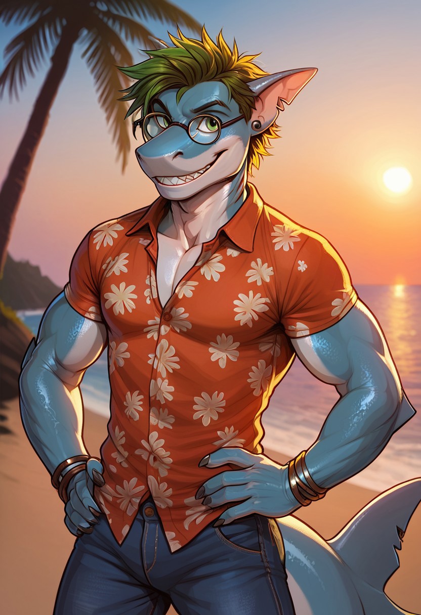 (Furry), 2 toned body, blue shark, dark blue body, green eyes, toothy smile, bracelet, large male, shark tail, jeans, Hawaiian shirt , soft expression
hands on hips, solo, buff, muscular, jock build
palm trees, beach, sand, sunset, jungle, shoreline, waves, ocean, scales, green hair, hispanic, messy hair, stud earrings, photo realistic, good shadows, score_9, score_8_up, score_7_up, (round_glasses22A:1.1)