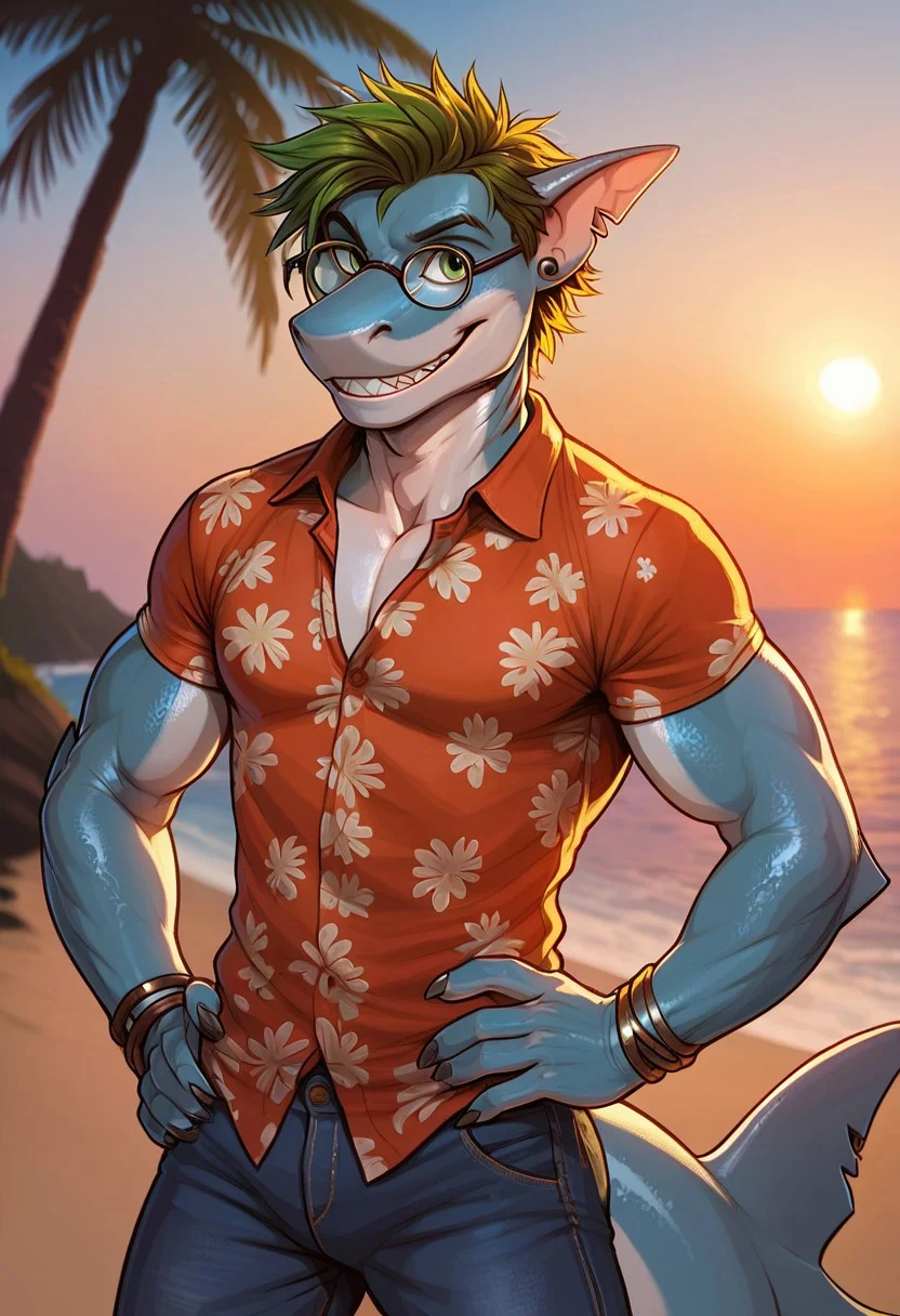 (Furry), 2 toned body, blue shark, dark blue body, green eyes, toothy smile, bracelet, large male, shark tail, jeans, Hawaiian shirt , soft expression
hands on hips, solo, buff, muscular, jock build
palm trees, beach, sand, sunset, jungle, shoreline, waves, ocean, scales, green hair, hispanic, messy hair, stud earrings, photo realistic, good shadows, score_9, score_8_up, score_7_up, (round_glasses22A:1.1)