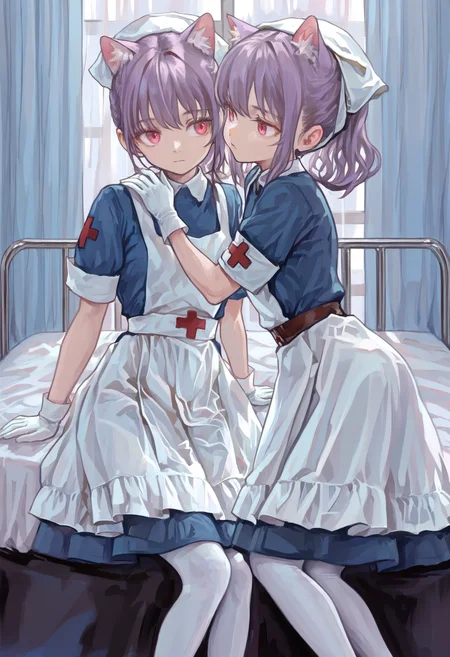 masterpiece, highres, absurdres, newest, very awa, painting \(medium\), (flat color:1.1), 2girls, twins, cat ears, animal ear fluff, purple hair, pink eyes, nurse, white apron, blue dress, white pantyhose, white gloves, feet out of frame, <lora:spo_sdxl_10ep_4k-data_lora_webui>, <lora:illustrious_noobai_epsilon_pred_1_best_quality_v1:0.4>, <lora:FKEY_WAI>,