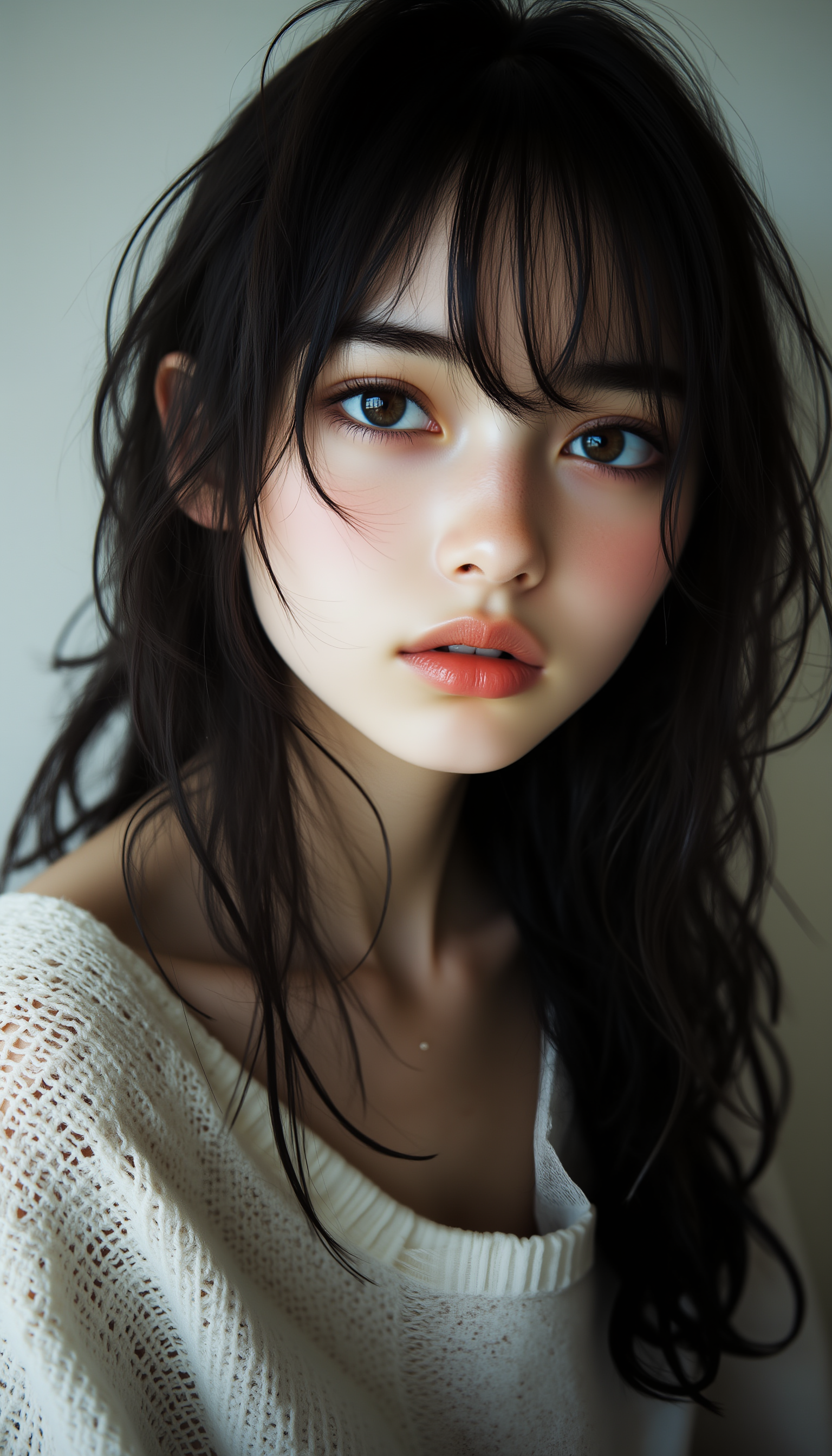 A teenage Japanese girl with delicate yet defined facial features, possessing large, innocent eyes that command attention. Her natural beauty is highlighted by soft, natural lighting, which adds a gentle glow to her smooth skin and glossy hair. Her eyes convey both vulnerability and strength, drawing the viewer in and leaving a lasting impression. The background is minimalist, ensuring that all focus remains on her striking features. Her outfit is modern and sophisticated, complementing her youthful elegance with a subtle, stylish touch, midjourney_whisper_innocent_eyes,  <lora:midjourney_whisper_innocent_eyes_v01:1>,
