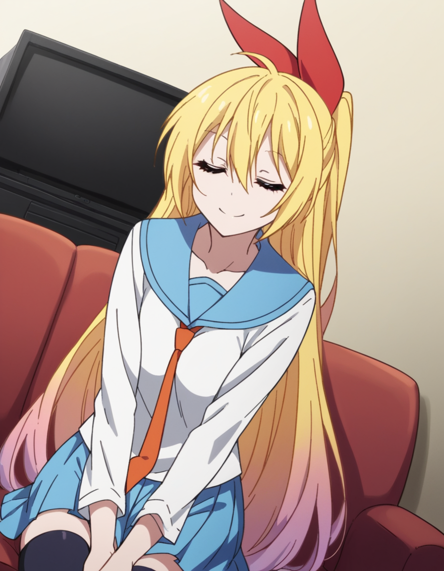 score_9, score_8_up, score_7_up, source_anime, <lora:chitoge-kirisaki-s2-ponyxl-lora-nochekaiser:1>, chitoge kirisaki, long hair, blue eyes, blonde hair, ribbon, hair between eyes, very long hair, hair ribbon, multicolored hair, red ribbon, gradient hair, medium breasts,, skirt, shirt, thighhighs, school uniform, collarbone, white shirt, pleated skirt, necktie, serafuku, sailor collar, red ribbon, blue skirt, blue sailor collar,, living room, television, couch, popcorn, watching movie, night time, sitting,, , , v, v over eyes, smile, solo,, cowboy shot, dutch angle