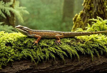Cinematic, Cinematic Lighting, Cinematic Shot, extremely detailed, Film Still, macro photography, depth of field, high detail, hires textures, incredibly detailed, intricate details, intricate diorama, masterpiece, Movie Still, outstanding intricacies, photorealism, true masterpiece, fountain background, glamourous, Stately, lizard, skink, cry5t415ku11, Pleocoma badia, Pacific Northwest conifer forest, sitting beneath a rotten log with mold and moss.